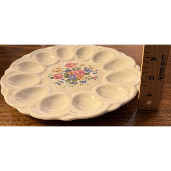 Vintage E & R American Artware Devil Egg Dish White with Flowers Roses 9" - Picture 4 of 5